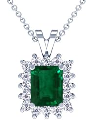 18K White Gold Emerald Cut Emerald And Round Diamond Pendant
