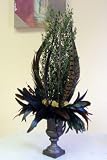 Dried Yarrow and Feathers Cast Iron Metal Urn Floral Arrangement