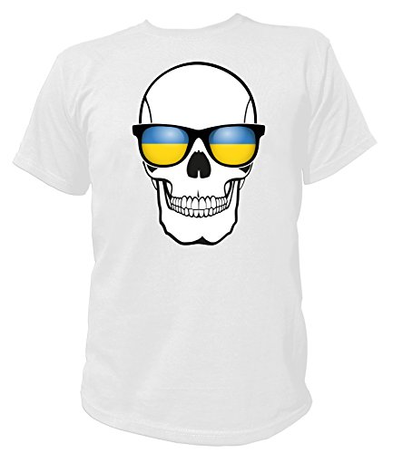 Artdiktat Herren T-Shirt – EM 2016 Skull Flag Glasses – Ukraine Größe L, weiß
