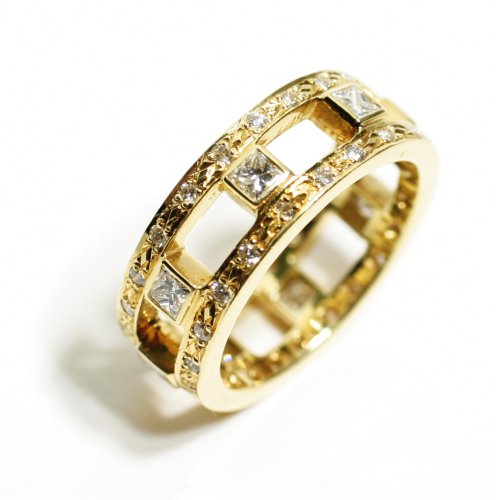 Princess Shape and Round Brilliant Shape Diamonds Set in Designer Right Hand Ring in 18k Yellow Gold Ring Size 6.5 (T.w 1.45)