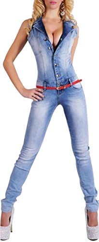 Misslin Women's Bodycon Sexy Lapel Collar Denim Long Jumpsuits M Jean Blue