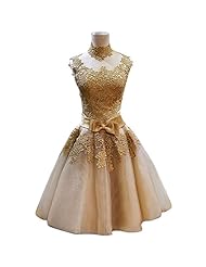 High-Neck Tulle 2015 Short Sleeveless Lace Applique  Bridesmaid Dress/Prom Dress  With a Bow(s)