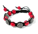IMAGE OF Shamballa Bracelet Four 12mm Gunmetal Black Diamond Crystal Pave with 11mm Genuine Faceted Red Coral on Black Cord Macrame Adjustable Handmade Unisex 