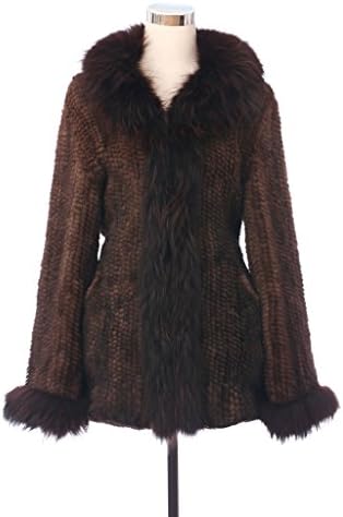 Qiudu Women's Slim Knitted Mink Fur Coat With Raccoon Fur Vintage Jacket Coffee 3XL
