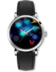 SPRAWL Aanalog Fashion Series Silver Ladies Watches of Genuine Black Leather Strap,Unique Wrist Watch for Women Girls Designed with Gulls colors