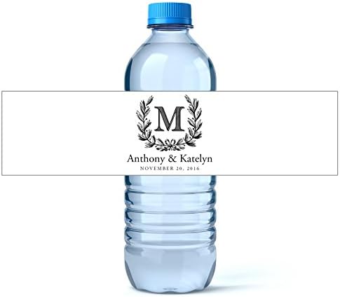 White Monogram and Wreath Wedding Water Labels - set of 25