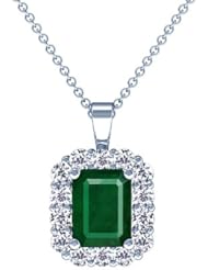 18K White Gold Emerald Cut Emerald And Round Diamond Pendant (GIA Certificate)