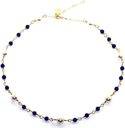 Handmade 14-kt Gold Filled Brass Necklace or Two Strand Bracelet with Lapis lazuli & White Swrovski Elements Pearl, 17"