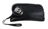 Black Leather Rhinestone Skull Wristlet Evening Bag