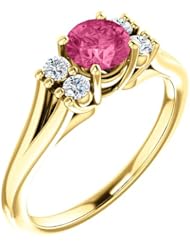 18K Yellow Gold 5.00mm Round Cut Pink Tourmaline and Diamond Ring -- LIFETIME WARRANTY