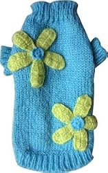 Small Dogs Cozy Fall | Winter Cute Dog Sweater - Mint Blue with Daisy Flowers - Size L