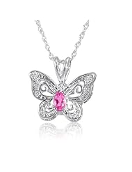 Sterling Silver Created Pink Sapphire and Diamond Butterfly Pendant-Necklace