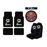 A Set of 4 Universal-Fit NFL Plush Carpet Floor Mats, 2 Front Universal Fit Bucket Style Seat Covers, and a Comfort Grip Steering Wheel Cover - Miami Dolphins