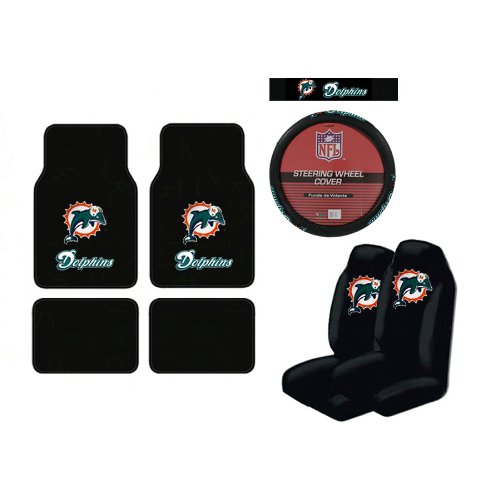 A Set of 4 Universal-Fit NFL Plush Carpet Floor Mats, 2 Front Universal Fit Bucket Style Seat Covers, and a Comfort Grip Steering Wheel Cover - Miami Dolphins