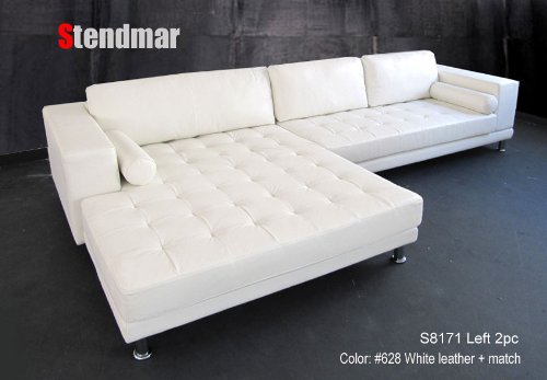 New Modern Euro Design White Leather Sectional Sofa w/ extra wide chaise S8171LW