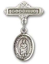 Sterling Silver Baby Badge with Our Lady of Victory Charm and Godchild Badge Pin