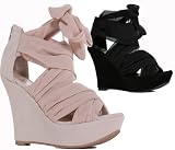 Ladies Womens High Heels Beige Black Nude Tie Up Platform Peeptoe Strappy Sandals Wedge Shoes Size 3-8