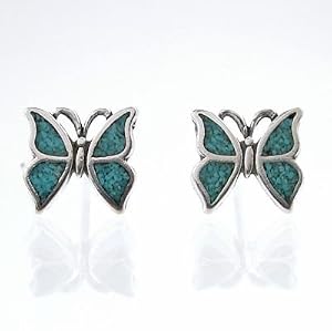 Southwestern Tiny Butterfly Stud Earrings with Turquoise Chip Inlay, #8958