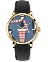 SPRAWL Aanalog Fashion Series Gold Ladies Watches of Genuine Black Leather Strap,Unique Wrist Watch for Women Girls Designed with Figures persons