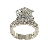 Huge Silvertone Round Solitaire Engagement Ring Style in Clear Cubic Zirconia with Four Stones on Each Side