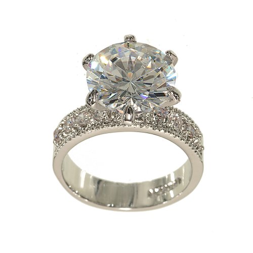 Huge Silvertone Round Solitaire Engagement Ring Style in Clear Cubic Zirconia with Four Stones on Each Side