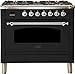 Ilve UPN90FDMPNXLP Nostalgie Series 36 Inch Dual Fuel Convection Freestanding Range, 5 Sealed Brass Burners, 3.55 cu.ft. Total Oven Capacity in Glossy Black, Chrome Trim (Liquid Propane)