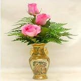 Three Pink Roses in a Unique Oriental Vase