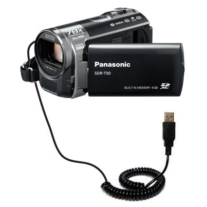 Coiled USB Cable for the Panasonic SDR-T50 Video Camera with Power Hot Sync and Charge capabilities - uses Gomadic TipExchange Technology