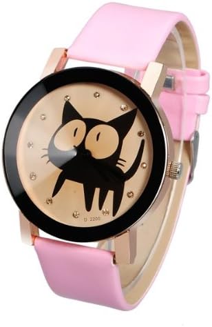 Cat PU Leather Alloy Round Women Quartz Wrist Watch.