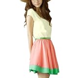 Allegra K Women Scoop Neck Cap Sleeve Mini Dress w Waist Belt Light Yellow XS