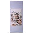 Handmade Asian Wall Art Scroll Painting On Textured Blue Brocade - Mountain Waterfall Temple