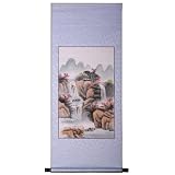 Handmade Asian Wall Art Scroll Painting On Textured Blue Brocade - Mountain Waterfall Temple