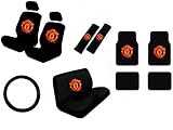 15 Piece Auto Interior Gift Set - Football Manchester United - 2 Front Seat Covers (2 Front and 2 Bottom), 2 Headrest Covers, 2 Seat Belt Shoulder Pads, 1 Steering Wheel Cover, 1 Bench Seat Cover (1 Top and 1 Bottom), 4 Floor Mats (2 Front and 2 Rear)