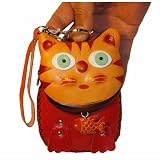 Handmade Genuine Leather Mini Wristlet Purse, Red Kitty & a Little Fish Pattern, Lovely Present Choice.