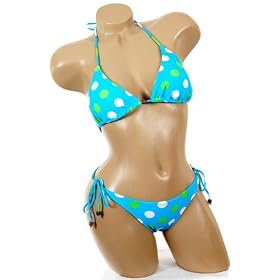 Cute Sexy Swimwear Green and White Polka Dot Blue Brazilian Cut String Tie Side 2 pc Bikini Swimsuit
