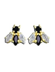 14K Yellow Gold Black White CZ Diamond Fly Screw-back Earrings