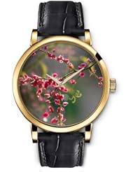 SPRAWL Aanalog Fashion Series Gold Ladies Watches of Genuine Black Leather Strap,Unique Wrist Watch for Women Girls Designed with Flowers on branches