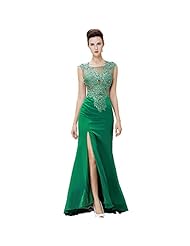 Sleeveless Satin Jeweled Illusion Slit  Beaded Sheer Lace Applique Sheath Prom Dress  With Rhinestones