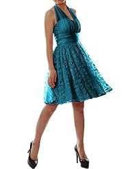 Apparel: MACloth Women Halter Lace Short Bridesmaid Dress Wedding Party Cocktail Gown (2, Teal)