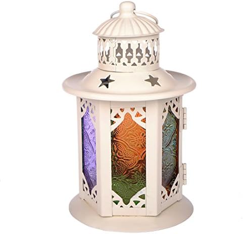 MISHIN White Metal Multi-Color Glass Moroccan Candle Lantern Hanging Candleholder