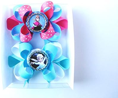 Frozen Elsa Anna Bottle Cap Set of 2 Boutique Hair Bow Accessories, French Barrettes, Girls