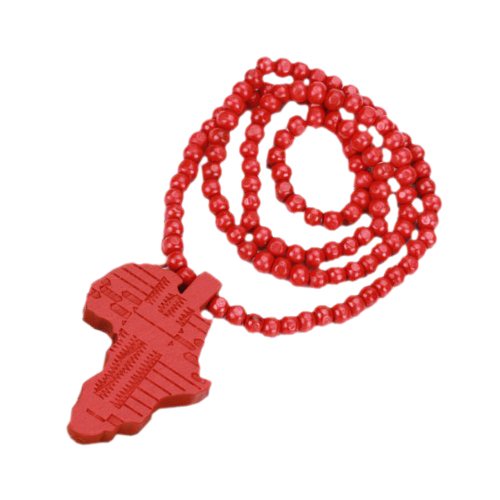 Red Wooden Bead Necklace w/ African Map Pendant