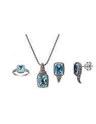 14k Gold and Sterling Silver Gemstone Checkerboard Ring, Earrings and Pendant Necklace Set