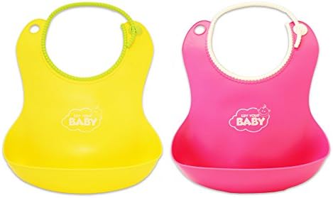 Luv Your Baby Yellow/Pink Silicone Bibs, 2-Pack, With Food Catcher, Great For Boys And Girls, Easy To Wash, Keeps Food Off The Floor And Table, Makes Clean Up Easy, Easy To Put On, Ergonomically Designed.