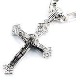 24" Inch Length High Contrast Black Crucifix on Silver Cross Pendant Necklace, Figaro Link Chain, Simulated Diamond CZ Accents, Tarnish Resistant Coating