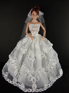 A Fairy Tale White Wedding Gown Complete with Veil and Gloves Made to Fit the Barbie Doll