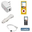 USB Data Cable + USB Car Charger + USB Home Travel Charger + Yellow Rubber Silicone Skin Case + Clear Reusable LCD Screen Protector for Apple Ipod Nano Chromatic 8GB 16GB 4G 4th Generation