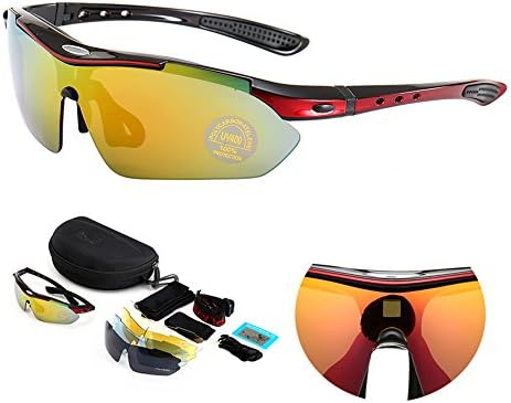 HaoMing Men's TR90 Polarized Cycling Sunglasses UV400 Eyewear with 5 Interchangable Lenses,Red/Black Frame