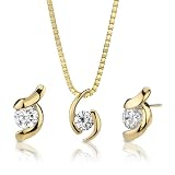 Golden Rhapsody: Sterling Silver Designer Inspired Bridal Jewelry Earring/ Pendant Set with 14K Gold Plating and Solitaire Diamonds