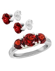 2.26 Ct 3-Stone Natural Red Garnet 925 Sterling Silver Ring Earrings Set